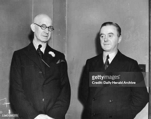 Labour Party re-union, 1937. T Dawson, MP for North East Bethnal Green, and J P Blake at a Labour Party re-union at the Horticultural Hall in Vincent...