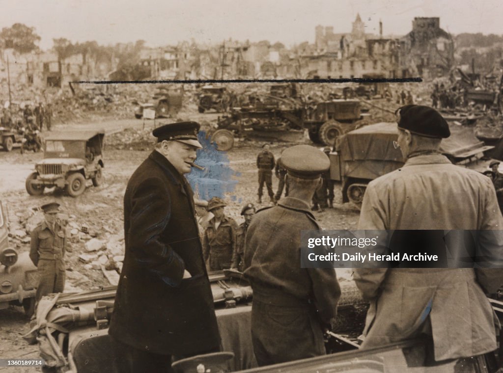 Prime Minister visits Caen with General Montgomery, 1944