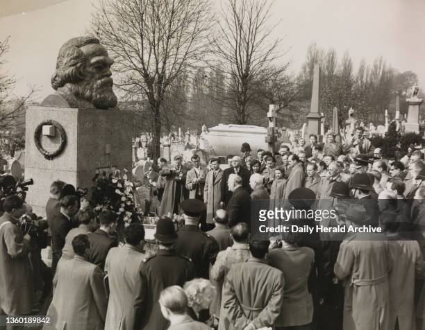 Soviet Leaders at Marx's Grave, 1956. The scene in Highgate Cemetary as Soviet Premier Nikolai Bulganin and Communist Party First Secretary Nikita...