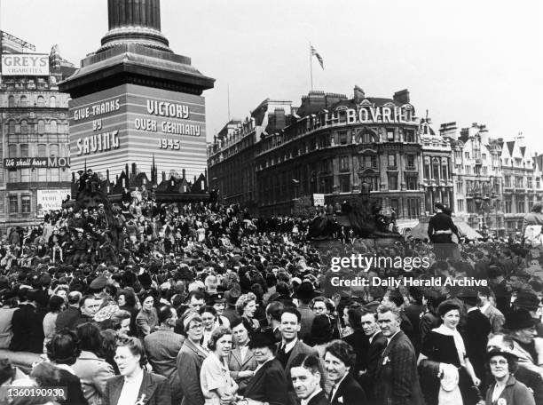 Day Celebrations, 8 May 1945. 'A general view of the tremendous scene in Trafalgar Square'.