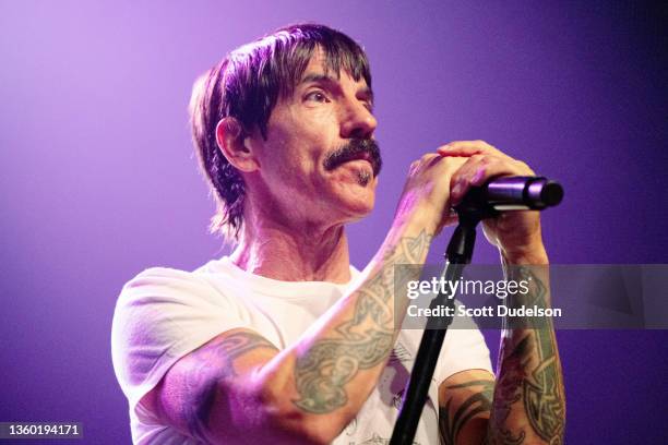 Singer Anthony Kiedis of Red Hot Chili Peppers performs onstage during the Above Ground 3 concert benefiting Musicares at The Fonda Theatre on...