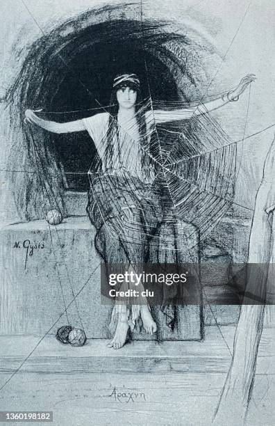 arachne, figure from greek mythology, weaving - arachne stock illustrations