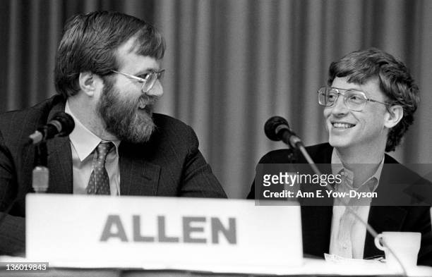 Paul Allen, from Asymetrix Corporation/Vulcan Inc., and Bill Gates, from Microsoft, share a laugh at the annual PC Forum, Phoenix, Arizona, February...