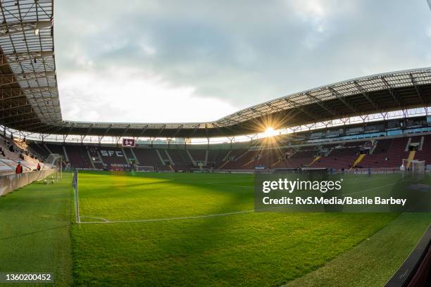 View of the Stade de Geneve before the Swiss Super League match between Servette FC and FC Basel at Stade de Geneve on December 12, 2021 in Geneva,...