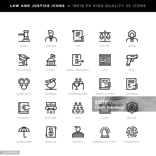 law and justice icons for lawyer, regulation, judgment, honesty etc. - file clerk stock illustrations