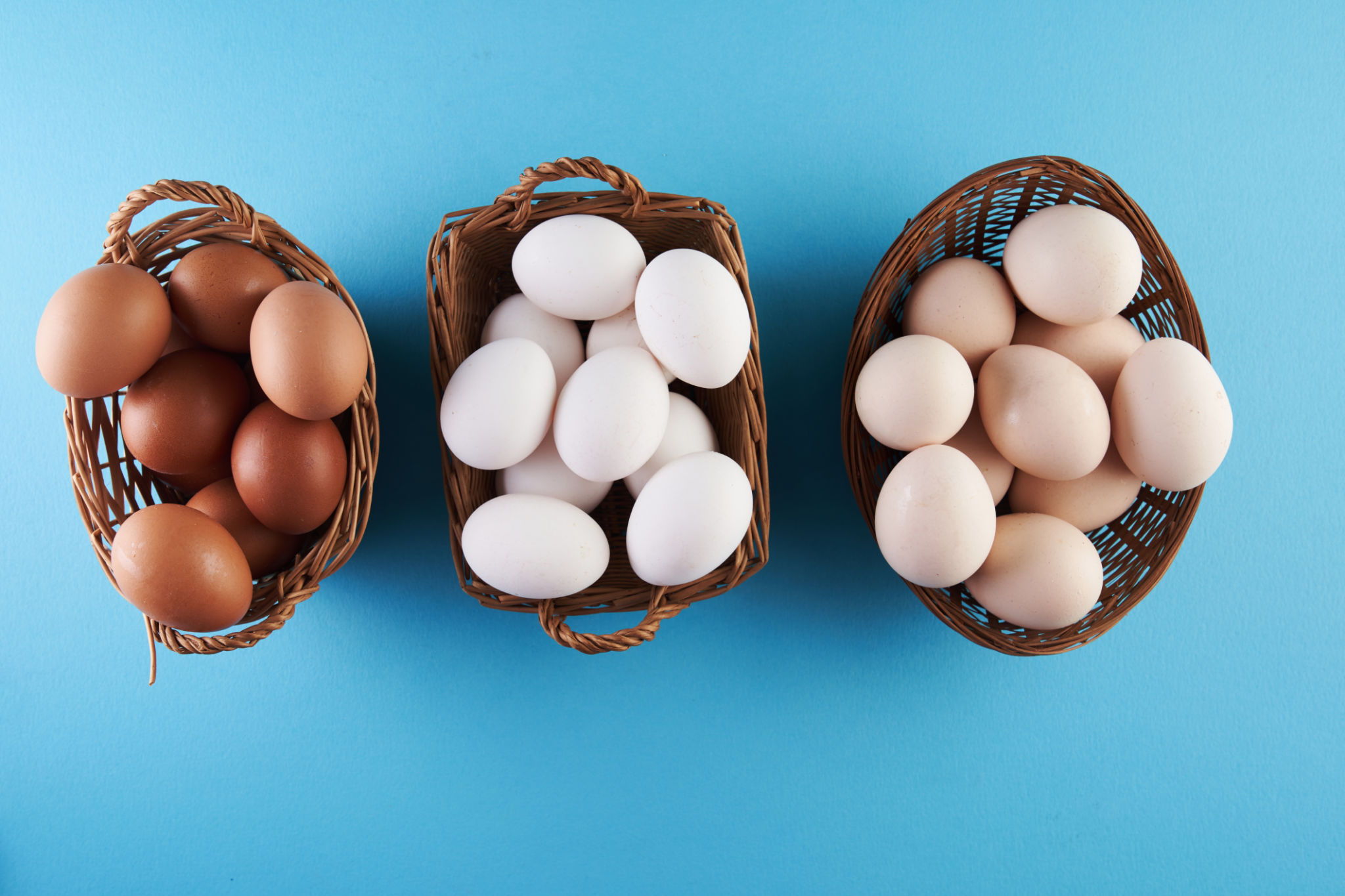 top view of three basket of egg on blue background, egg with different color shades top view of three basket of egg on blue background, egg with different color shades
