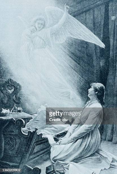 mother mourns on the deathbed of her child, who is carried away by an angel - mourning parent stock illustrations