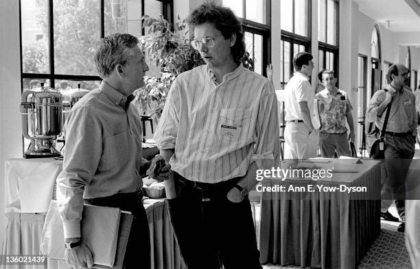 Robert Kavner, from AT&T/Earthlink Inc., speaks with William Joy, from Sun Microsystems/Kleiner, Perkins, Caufield, & Byers, at the annual PC Forum,...
