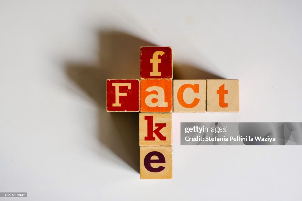 Fake Fact Concepts with Wooden Text Alphabet Block on White Surface