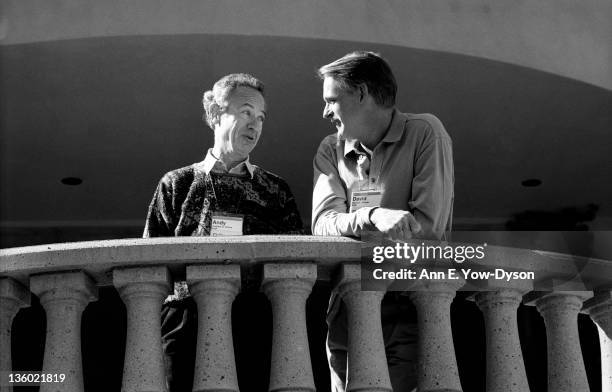 Andrew Grove , from Intel Corp., and David L. House, from Intel Corp./Brocade Communications Systems, stand next to a balustrade and talk at the...