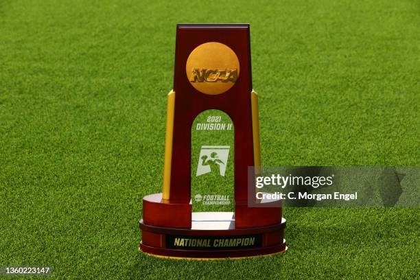 The national champion trophy is seen before the game between the Valdosta State Blazers and the Ferris State Bulldogs during the Division II Men’s...