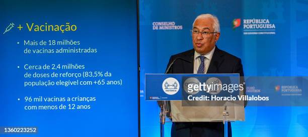 Portuguese Prime Minister Antonio Costa briefs the press to announce new mitigation measures at the end of the Council of Ministers meeting in...