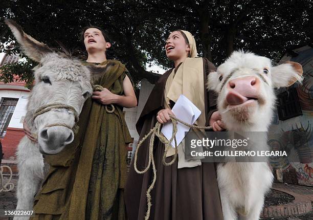 Group of children pray the Christmas Novena while recreating a living Nativity scene on December 16 at the Chorro de Quevedo Square in the...