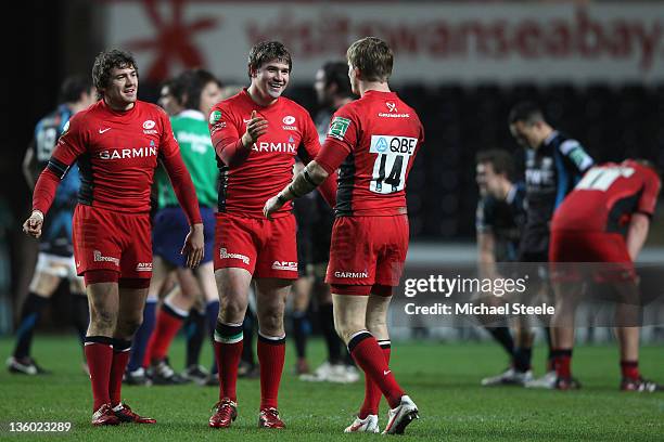 Adam Powell of Saracens celebrates his sides victory with Dave Strettle during the Heineken Cup Pool Five match between Ospreys and Saracens at the...