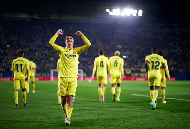Gerard Moreno of Villarreal CF celebrates after scoring their side's first goal during the La Liga Santander match between Villarreal CF and...