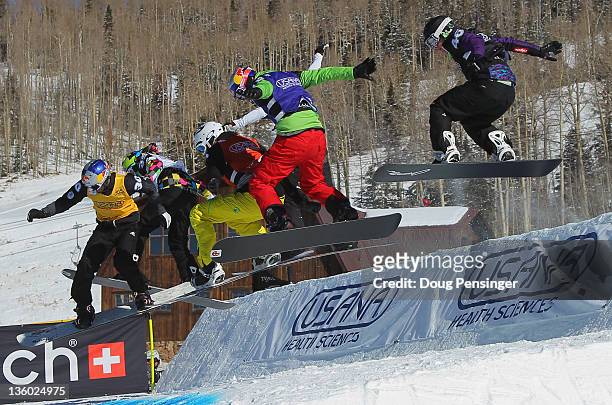 Pierre Vaultier of France leads his quarter final heat as he went on to win the men's LG Snowboard-Cross FIS World Cup on December 16, 2011 in...