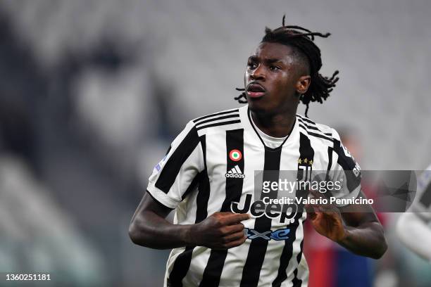 Moise Kean of Juventus celebrates after scoring their team's first goal during the Serie A match between Juventus and Cagliari Calcio at Allianz...
