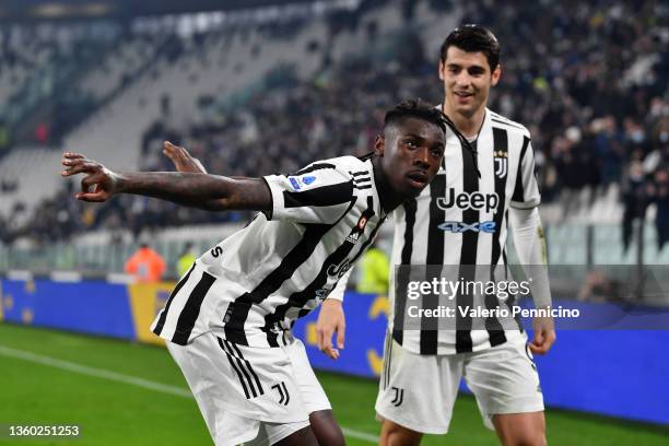 Moise Kean of Juventus celebrates after scoring their team's first goal during the Serie A match between Juventus and Cagliari Calcio at Allianz...