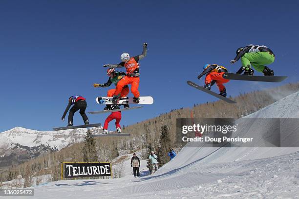 Competitors descend the course during the LG Snowboard-Cross FIS World Cup on December 16, 2011 in Telluride, Colorado.