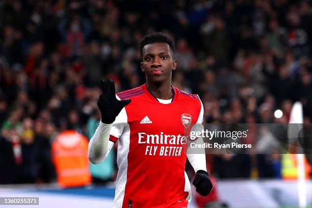 Eddie Nketiah of Arsenal celebrates after scoring their team's fourth goal and his hat-trick during the Carabao Cup Quarter Final match between...