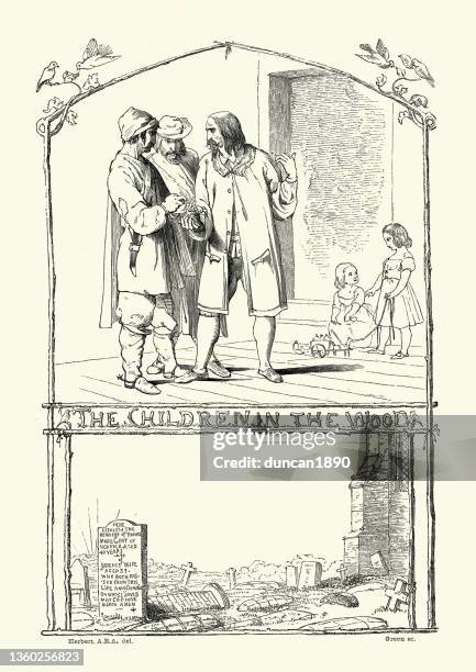 babes in the wood, evil uncle paying men to murder his nephew ad niece,british folklore - uncle stock illustrations
