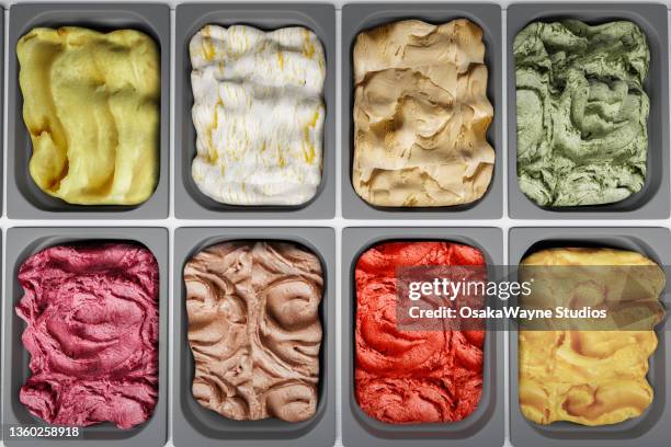 top down view of various ice cream in cooled counter - gelato fotografías e imágenes de stock