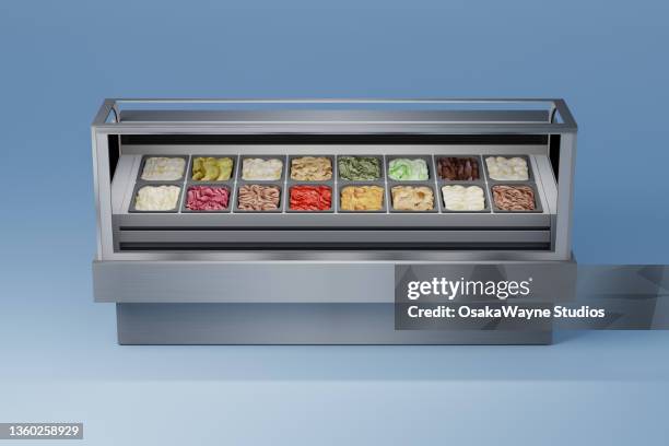 cooled counter with various kinds of ice cream - ice cream counter stock-fotos und bilder