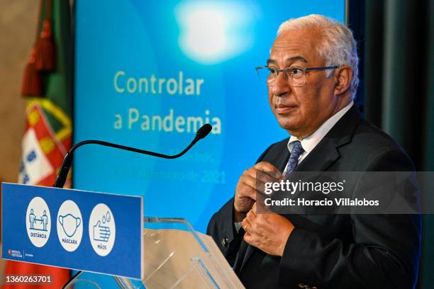 Portuguese Prime Minister Antonio Costa briefs the press to announce new mitigation measures at the end of the Council of Ministers meeting in...