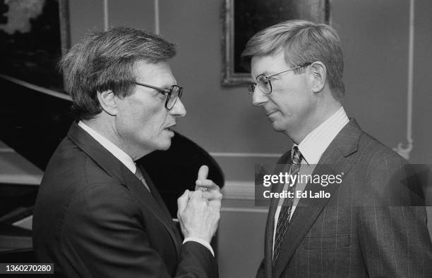 American media personality Larry King and political commentator George Will talk with one another during the 1988 Republican National Convention, New...