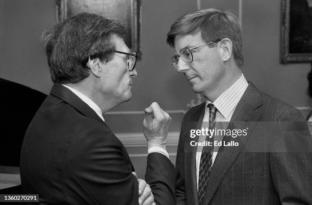 American media personality Larry King and political commentator George Will talk with one another during the 1988 Republican National Convention, New...