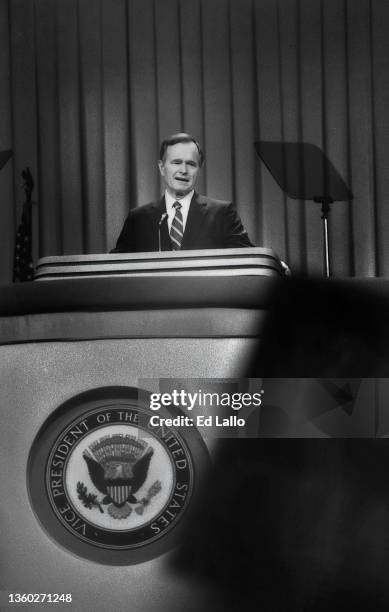 American politician George HW Bush accepts his party's Presidential nomination during the 1988 Republican National Convention, New Orleans,...