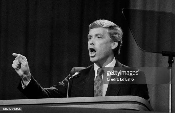 American politician Dan Quayle accepts his party's Vice-Presidential nomination during the 1988 Republican National Convention, New Orleans,...