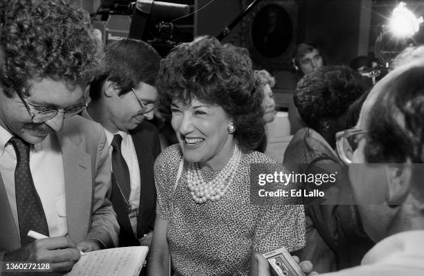 American politician former US Secretary of Transportation Elizabeth Dole smiles as she shares a laugh during an interview at the 1988 Republican...