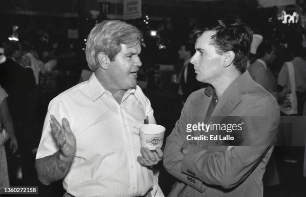 American politician US Representative Newt Gingrich speaks with an unidentified man during the 1988 Republican National Convention, New Orleans,...