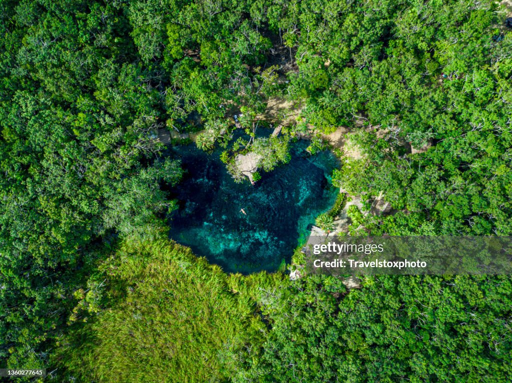 Woman swimming and floating in harmony with nature in heart-shaped zenote in the jungle in North America Mexico Yucatán.