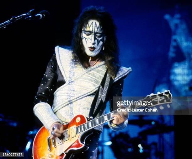 American musician and songwriter Ace Frehley, of the American rock band Kiss, performs on stage during a concert circa 1994 in Los Angeles,...