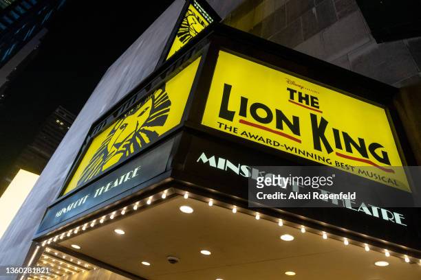 View of the "The Lion King" marquee at the Minskoff Theatre on the night the show has been postponed due to "a number of COVID-19 cases detected in...