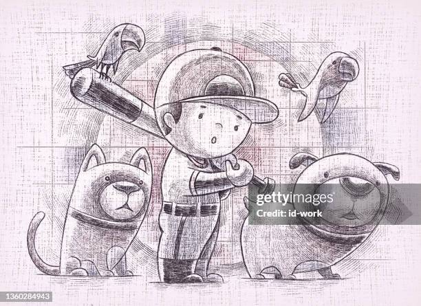 kid holding baseball bat with pets - cat batting stock illustrations