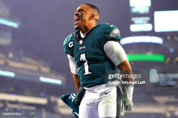 Jalen Hurts of the Philadelphia Eagles reacts after defeating the Washington Football Team at Lincoln Financial Field on December 21, 2021 in...