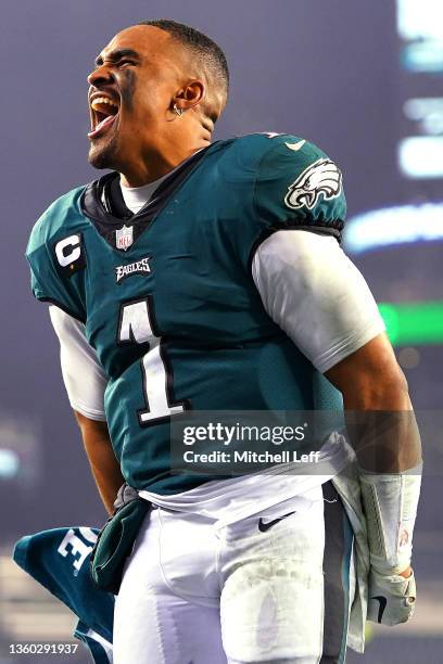 Jalen Hurts of the Philadelphia Eagles reacts after defeating the Washington Football Team at Lincoln Financial Field on December 21, 2021 in...