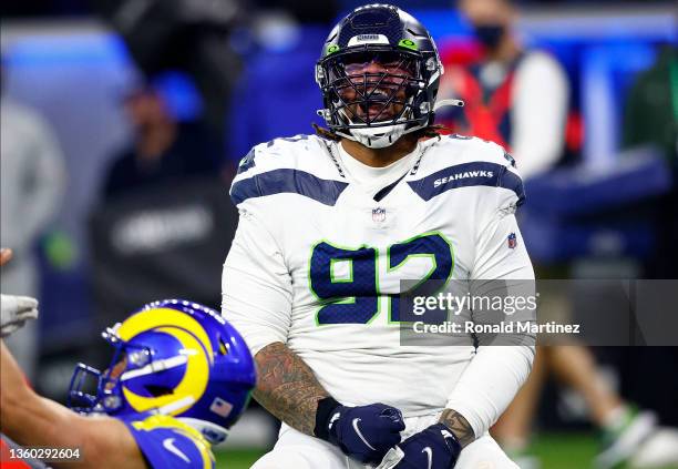 Robert Nkemdiche of the Seattle Seahawks reacts after a sack against Matthew Stafford of the Los Angeles Rams at SoFi Stadium on December 21, 2021 in...