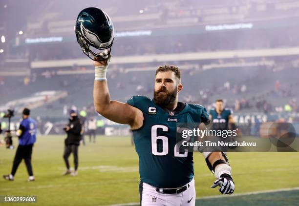 Jason Kelce of the Philadelphia Eagles walks off the field after defeating the Washington Football Team at Lincoln Financial Field on December 21,...