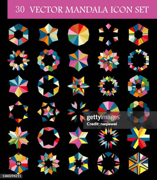 vector 30 buntes mosaik sechseck mandalas icon set - kaleidoskop stock-grafiken, -clipart, -cartoons und -symbole