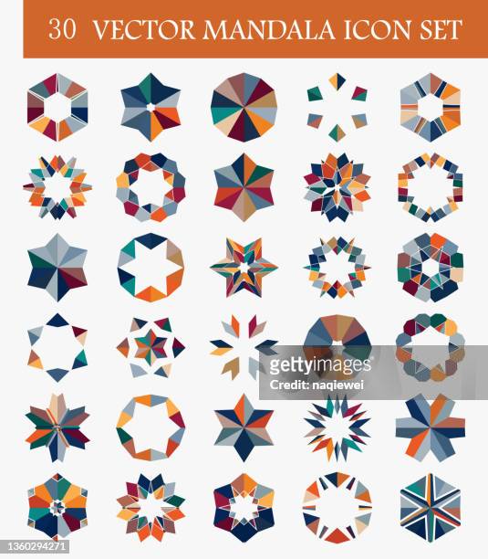 30 vector colorful mosaic hexagon mandalas icon set - kaleidoscope stock illustrations