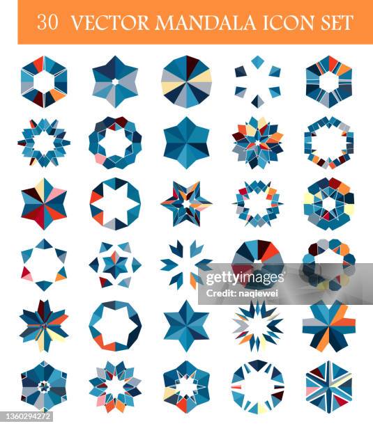 30 vector colorful mosaic textured hexagon floral mandalas button icon set collection for design - diamond shapes stock illustrations