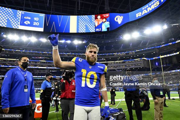 Cooper Kupp of the Los Angeles Rams celebrates after defeating the Seattle Seahawks at SoFi Stadium on December 21, 2021 in Inglewood, California.