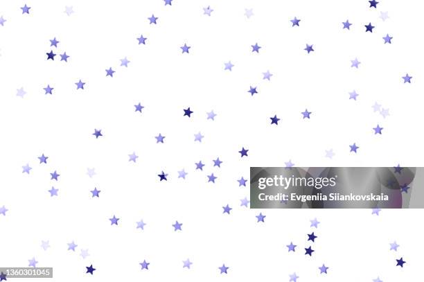 top view of very peri star shape confetti isolated on white background. - star confetti white background stockfoto's en -beelden