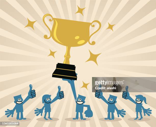 successful business leader lifting a trophy leading a team - best man stock illustrations