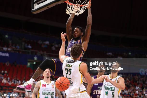 Jarell Martin of the Kings dunks during the round three NBL match between Sydney Kings and Tasmania JackJumpers at Qudos Bank Arena on December 22 in...