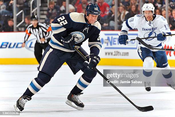 Vinny Prospal of the Columbus Blue Jackets skates with the puck against the Tampa Bay Lightning on December 17, 2011 at Nationwide Arena in Columbus,...